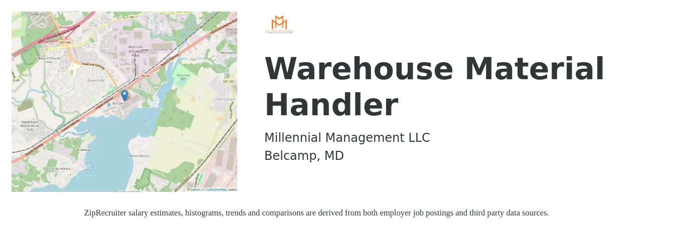 Millennial Management LLC job posting for a Warehouse Material Handler in Belcamp, MD with a salary of $17 to $21 Hourly with a map of Belcamp location.