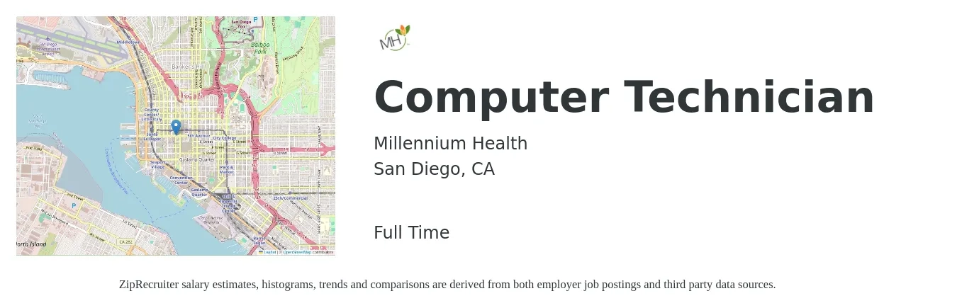 Millennium Health job posting for a Computer Technician in San Diego, CA with a salary of $25 to $30 Hourly with a map of San Diego location.
