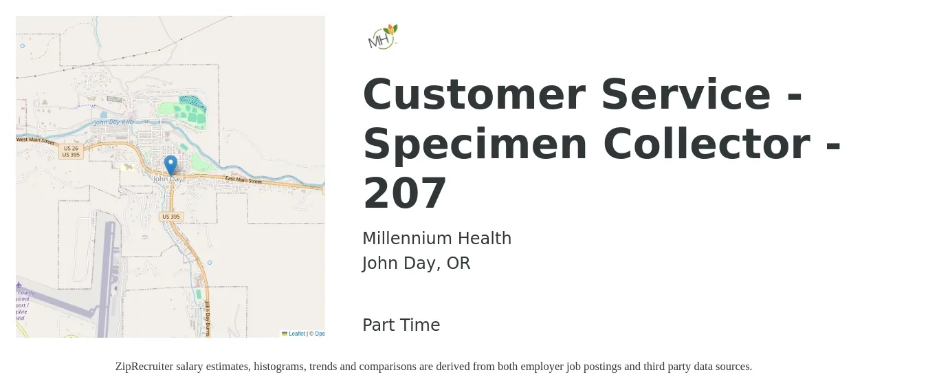 Millennium Health job posting for a Customer Service - Specimen Collector - 207 in John Day, OR with a salary of $16 to $18 Hourly with a map of John Day location.