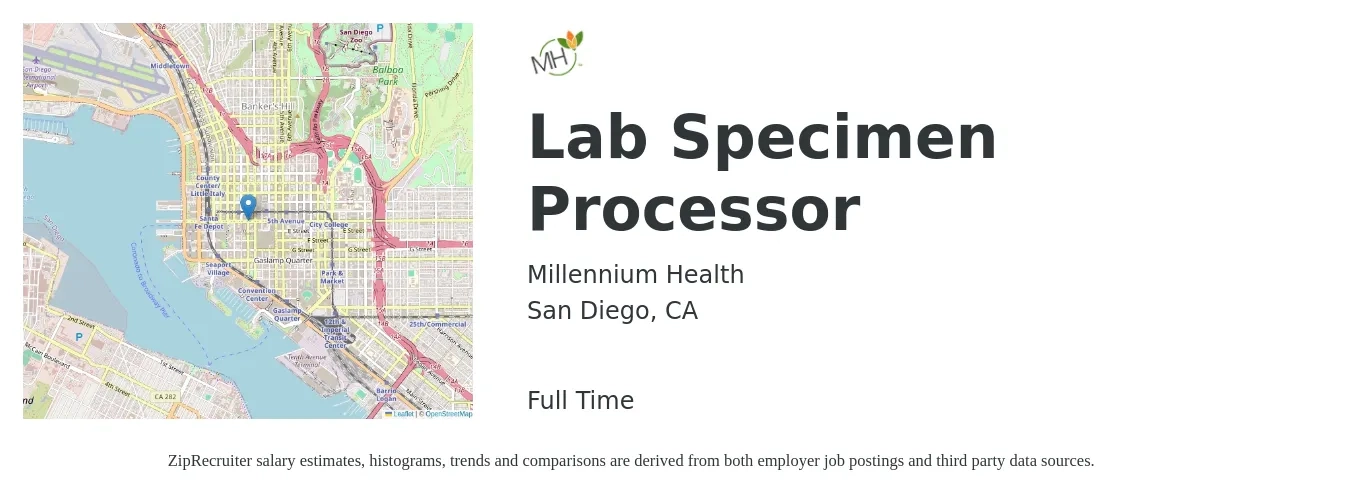 Millennium Health job posting for a Lab Specimen Processor in San Diego, CA with a salary of $17 Hourly with a map of San Diego location.