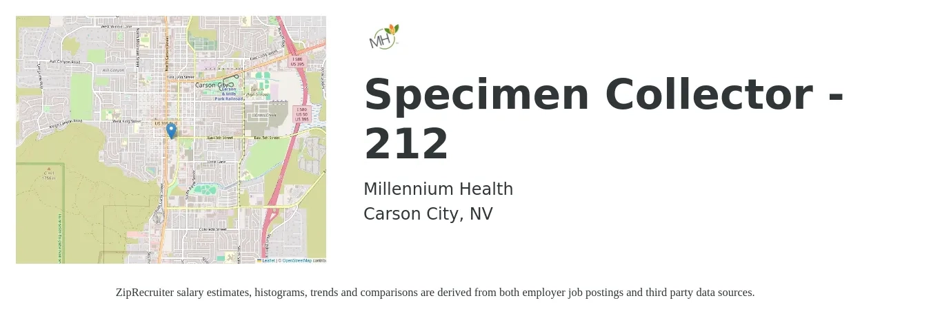 Millennium Health job posting for a Specimen Collector - 212 in Carson City, NV with a salary of $16 to $18 Hourly with a map of Carson City location.