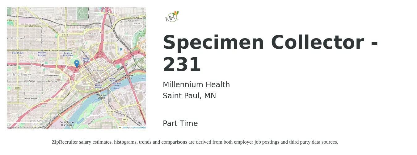 Millennium Health job posting for a Specimen Collector - 231 in Saint Paul, MN with a salary of $16 to $18 Hourly with a map of Saint Paul location.
