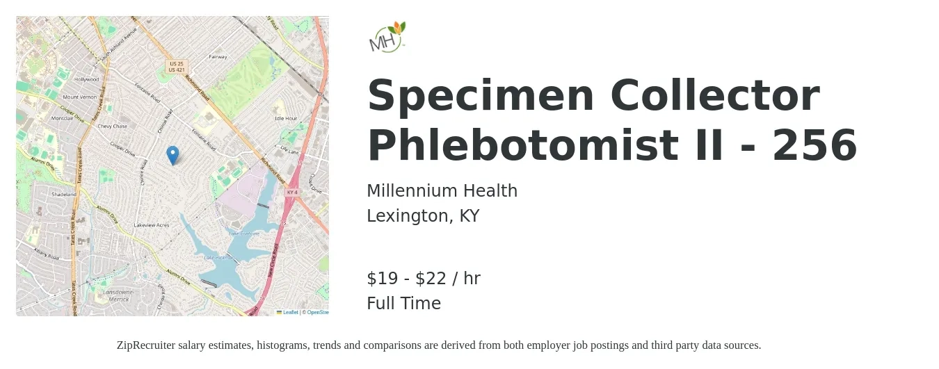 Millennium Health job posting for a Specimen Collector Phlebotomist II - 256 in Lexington, KY with a salary of $18 to $21 Hourly with a map of Lexington location.