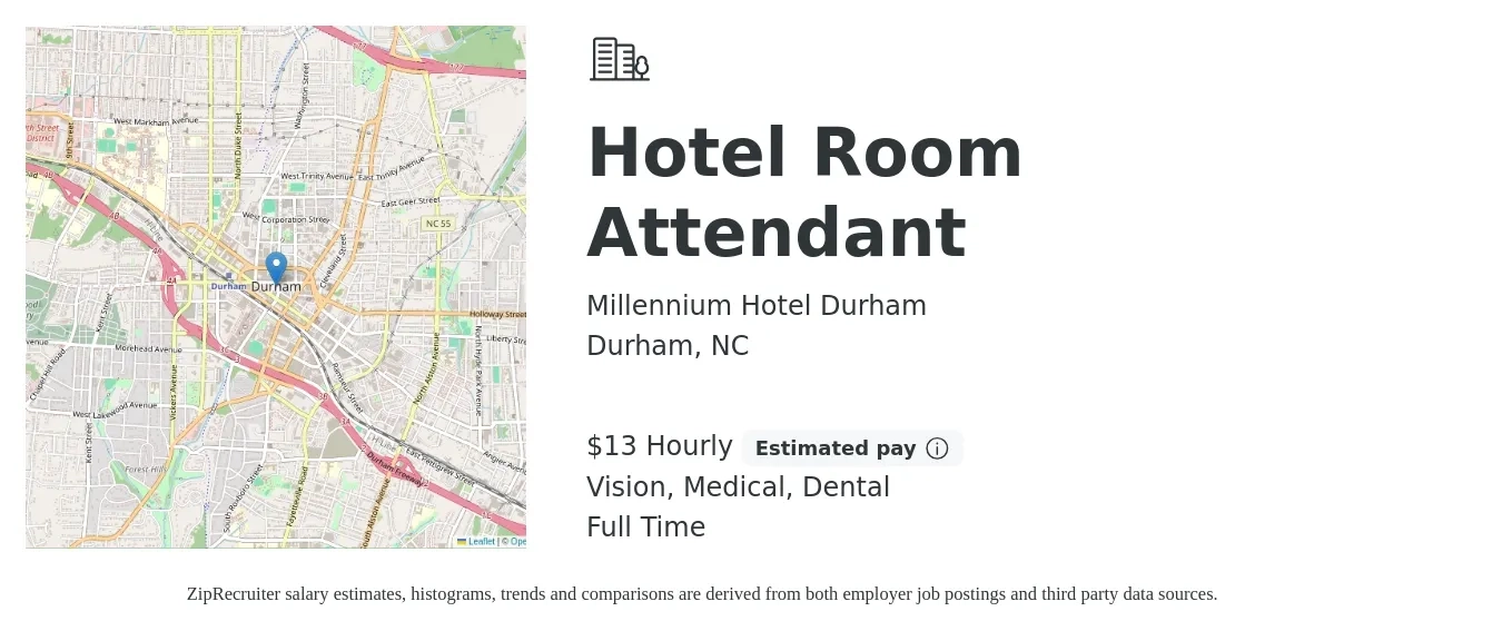 Millennium Hotel Durham job posting for a Hotel Room Attendant in Durham, NC with a salary of $14 Hourly and benefits including vision, dental, life_insurance, medical, and pto with a map of Durham location.