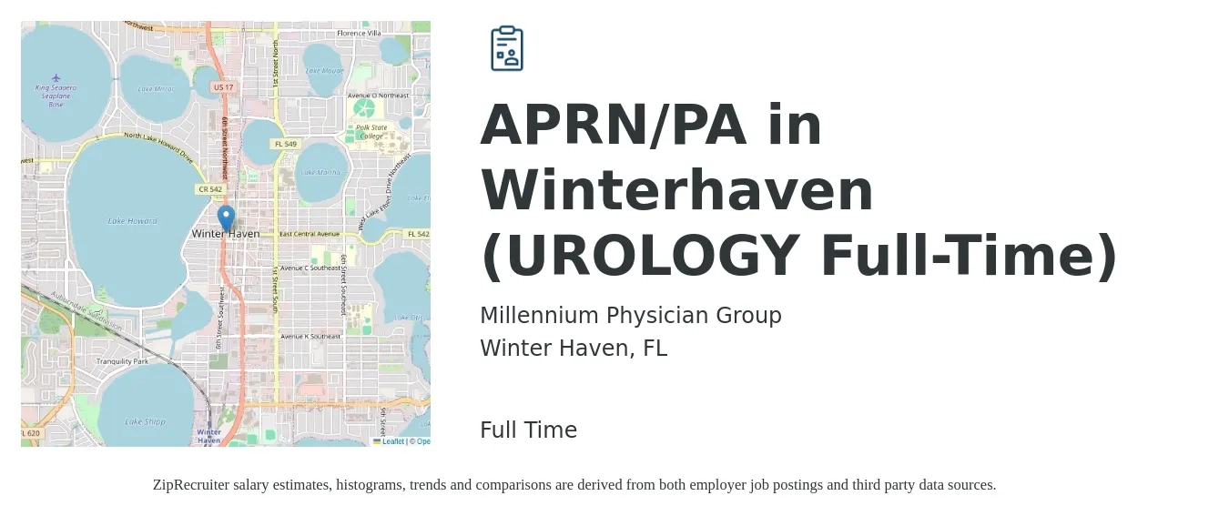 Millennium Physician Group job posting for a APRN/PA in Winterhaven (UROLOGY Full-Time) in Winter Haven, FL with a salary of $82,200 to $114,600 Yearly with a map of Winter Haven location.