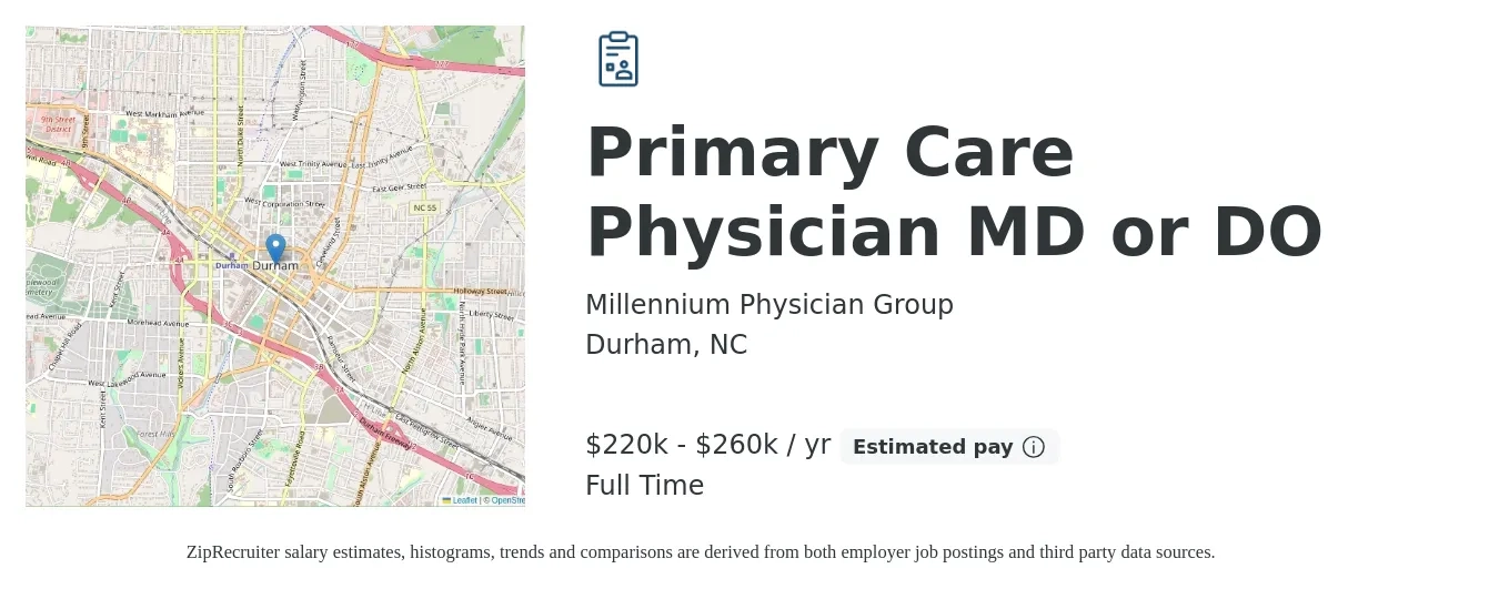 Millennium Physician Group job posting for a Primary Care Physician MD or DO in Durham, NC with a salary of $220,000 to $260,000 Yearly with a map of Durham location.
