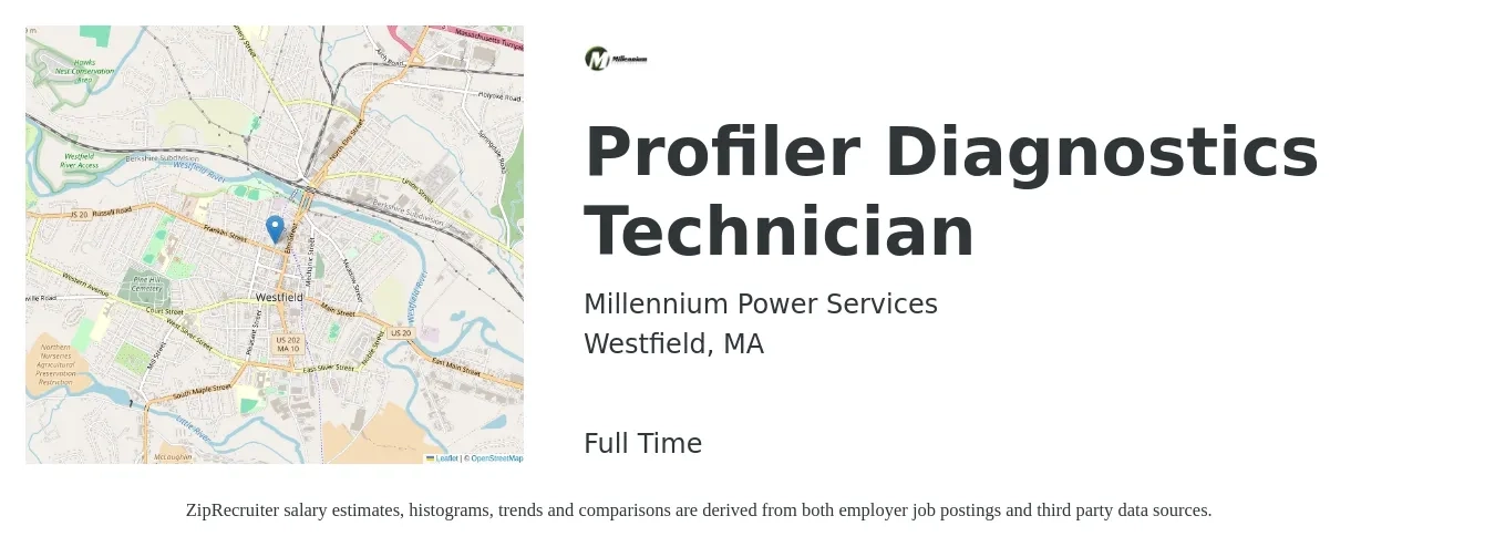 Millennium Power Services job posting for a Profiler Diagnostics Technician in Westfield, MA with a salary of $42,300 to $63,200 Yearly with a map of Westfield location.