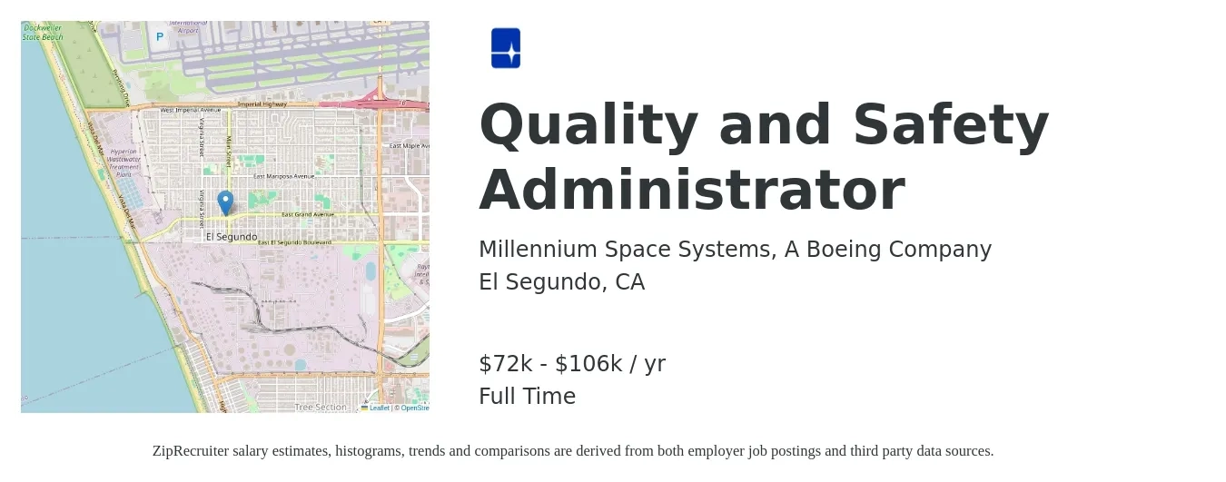 Millennium Space Systems, A Boeing Company job posting for a Quality and Safety Administrator in El Segundo, CA with a salary of $72,250 to $106,250 Yearly with a map of El Segundo location.