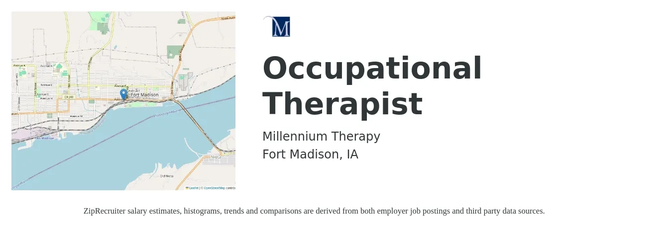 Millennium Therapy job posting for a Occupational Therapist in Fort Madison, IA with a salary of $36 to $48 Hourly with a map of Fort Madison location.