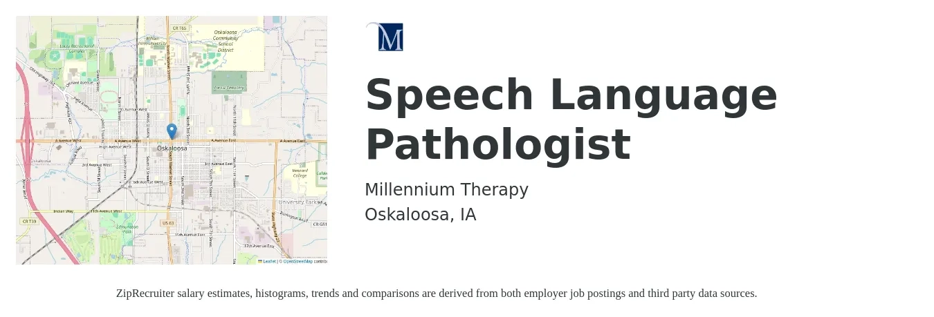 Millennium Therapy job posting for a Speech Language Pathologist in Oskaloosa, IA with a salary of $35 to $50 Hourly with a map of Oskaloosa location.