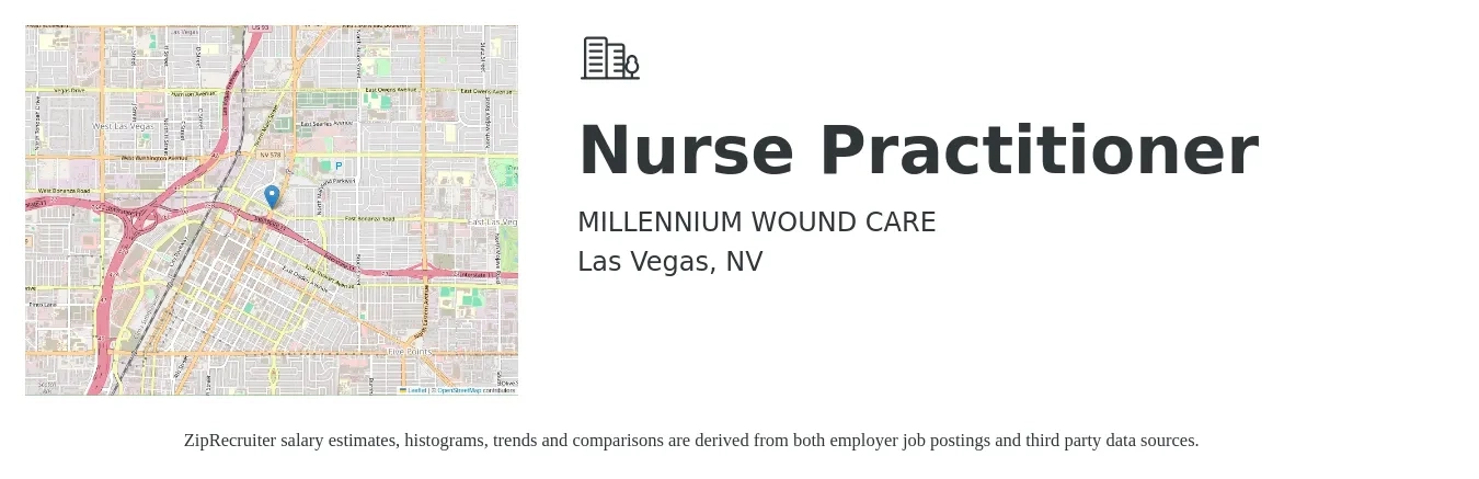 MILLENNIUM WOUND CARE job posting for a Nurse Practitioner in Las Vegas, NV with a salary of $103,800 to $144,200 Yearly with a map of Las Vegas location.