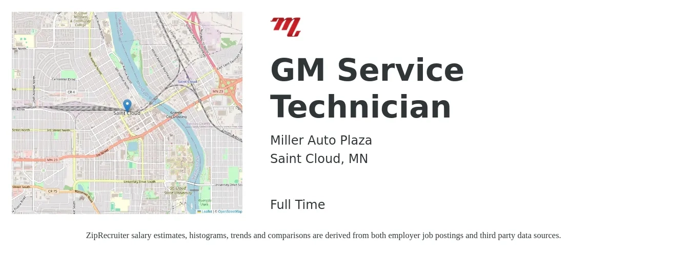Miller Auto Plaza job posting for a GM Service Technician in Saint Cloud, MN with a salary of $19 to $31 Hourly with a map of Saint Cloud location.