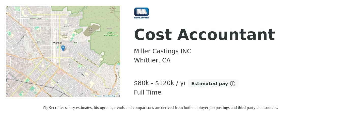 Miller Castings INC job posting for a Cost Accountant in Whittier, CA with a salary of $80,000 to $120,000 Yearly with a map of Whittier location.