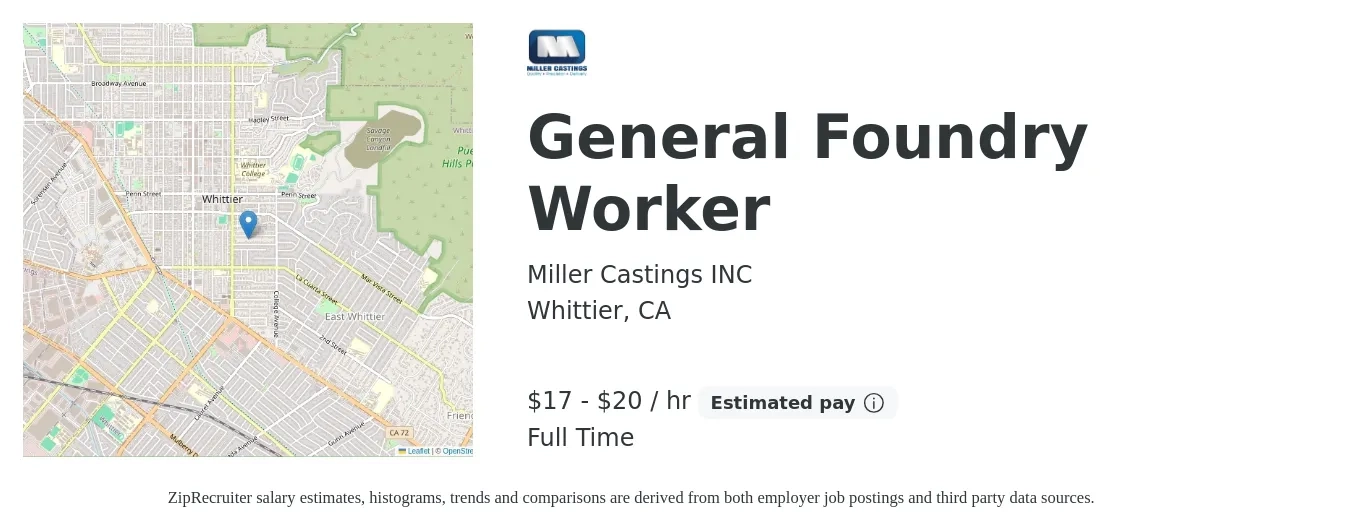 Miller Castings INC job posting for a General Foundry Worker in Whittier, CA with a salary of $18 to $21 Hourly with a map of Whittier location.