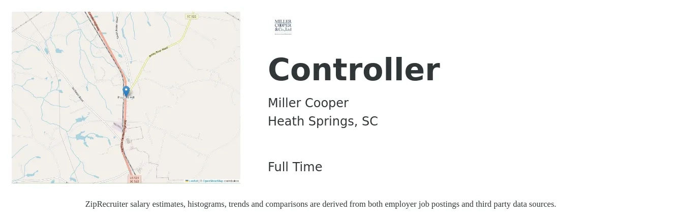 Miller Cooper job posting for a Controller in Heath Springs, SC with a salary of $86,200 to $123,100 Yearly with a map of Heath Springs location.