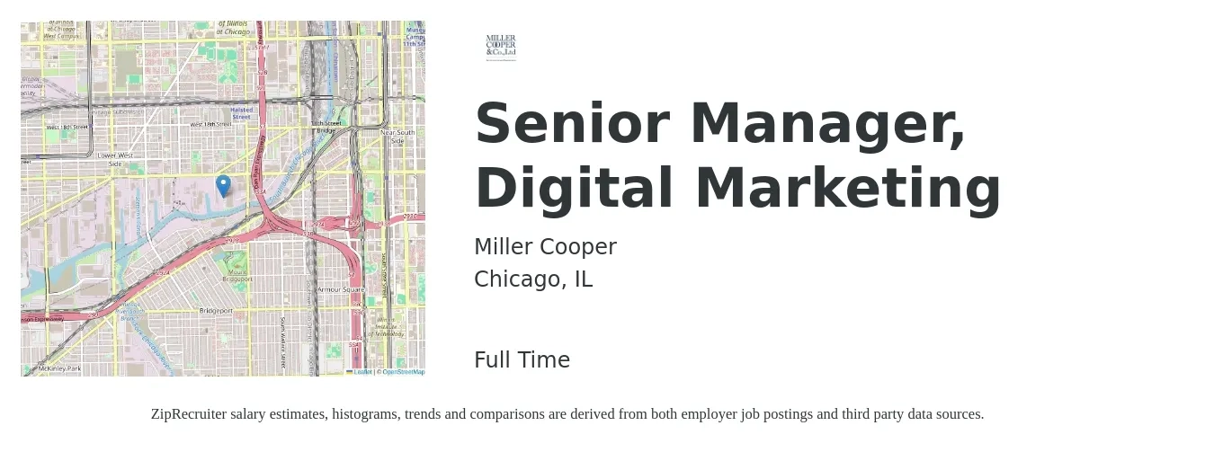 Miller Cooper job posting for a Senior Manager, Digital Marketing in Chicago, IL with a salary of $92,800 to $135,100 Yearly with a map of Chicago location.