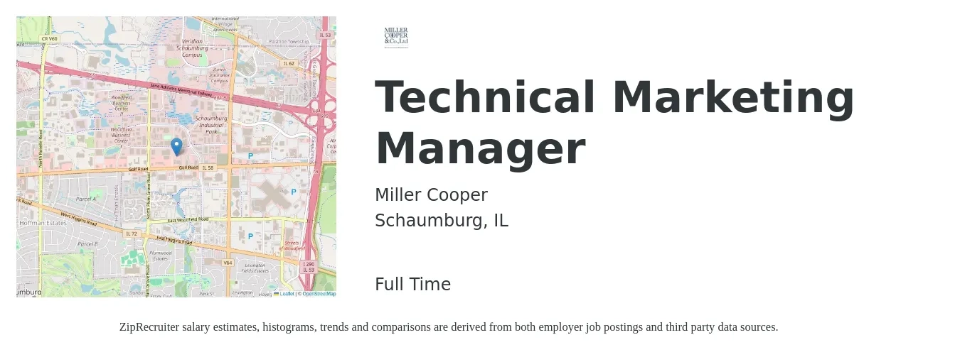 Miller Cooper job posting for a Technical Marketing Manager in Schaumburg, IL with a salary of $34 to $55 Hourly with a map of Schaumburg location.