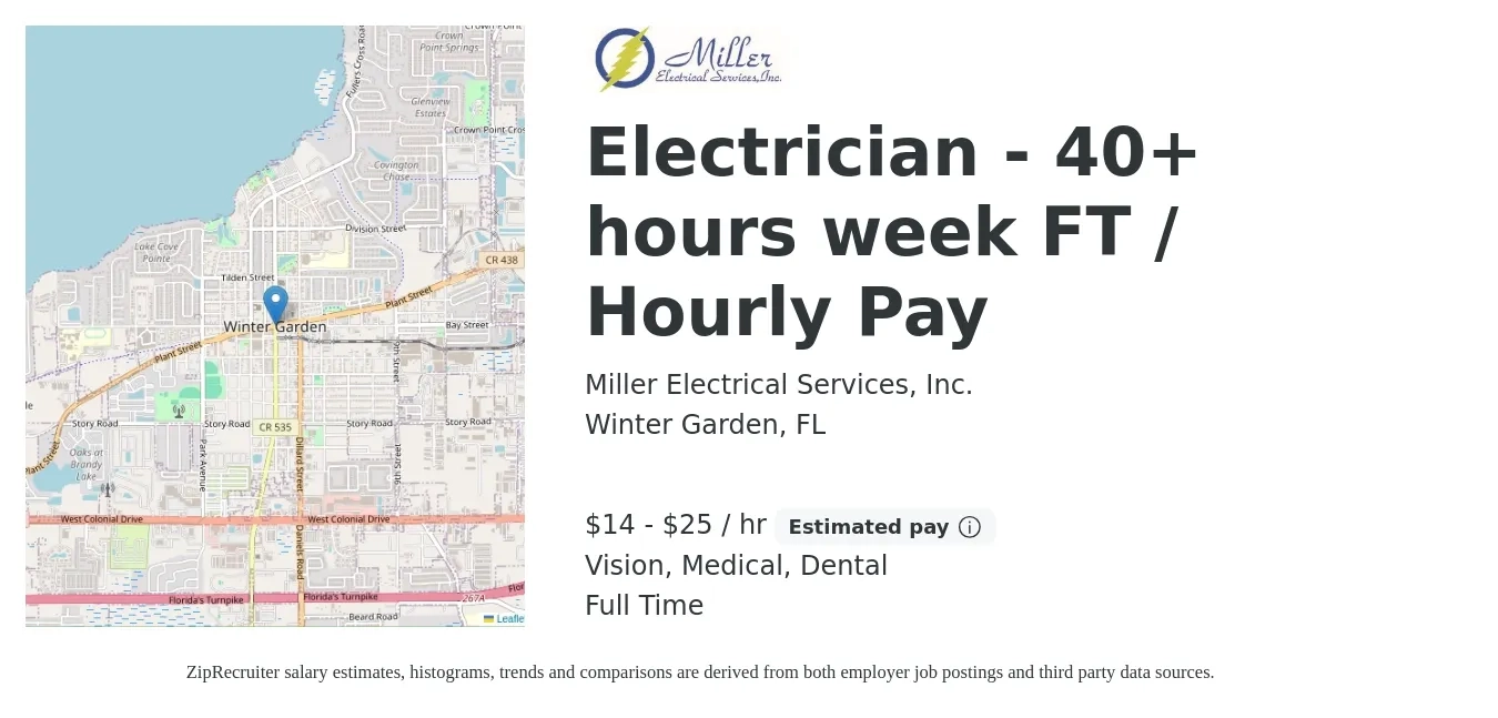 Miller Electrical Services, Inc. job posting for a Electrician - 40+ hours week FT / Hourly Pay in Winter Garden, FL with a salary of $15 to $26 Hourly and benefits including dental, life_insurance, medical, retirement, and vision with a map of Winter Garden location.