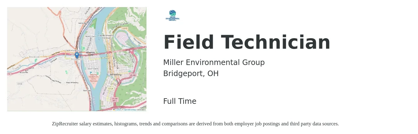 Miller Environmental Group job posting for a Field Technician in Bridgeport, OH with a salary of $20 to $27 Hourly with a map of Bridgeport location.