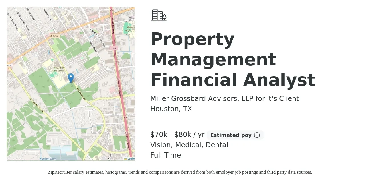 Miller Grossbard Advisors, LLP for it's Client job posting for a Property Management Financial Analyst in Houston, TX with a salary of $70,000 to $80,000 Yearly and benefits including dental, life_insurance, medical, retirement, and vision with a map of Houston location.