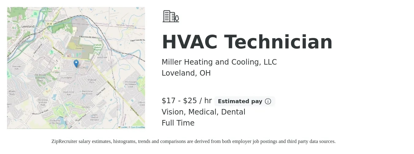 Miller Heating and Cooling, LLC job posting for a HVAC Technician in Loveland, OH with a salary of $18 to $27 Hourly (plus commission) and benefits including vision, dental, life_insurance, and medical with a map of Loveland location.