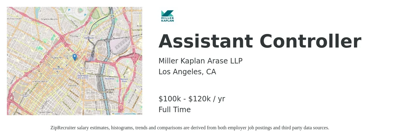 Miller Kaplan Arase LLP job posting for a Assistant Controller in Los Angeles, CA with a salary of $100,000 to $120,000 Yearly with a map of Los Angeles location.