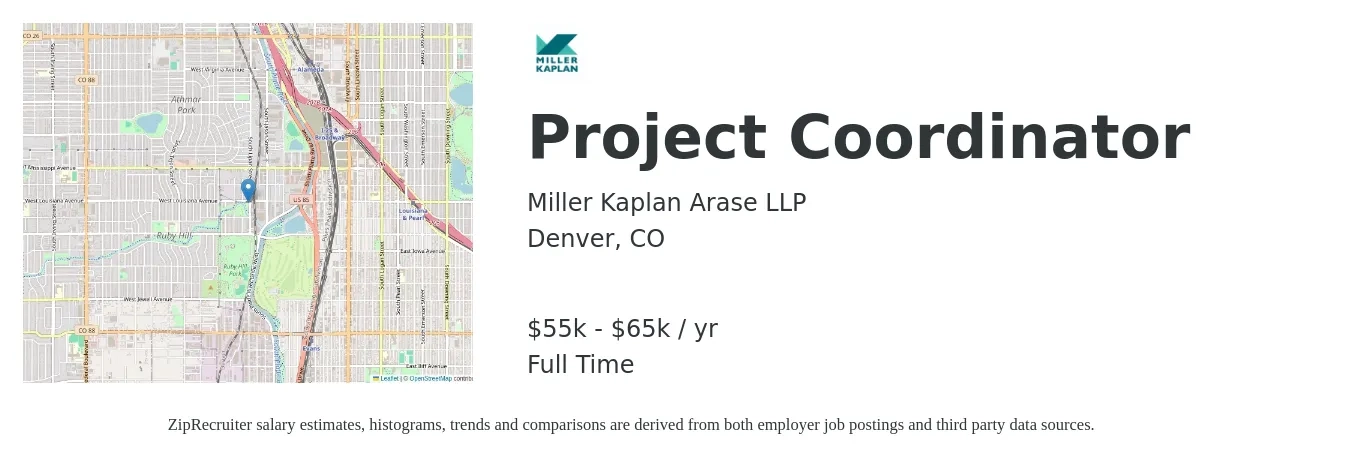 Miller Kaplan Arase LLP job posting for a Project Coordinator in Denver, CO with a salary of $22 to $33 Hourly with a map of Denver location.