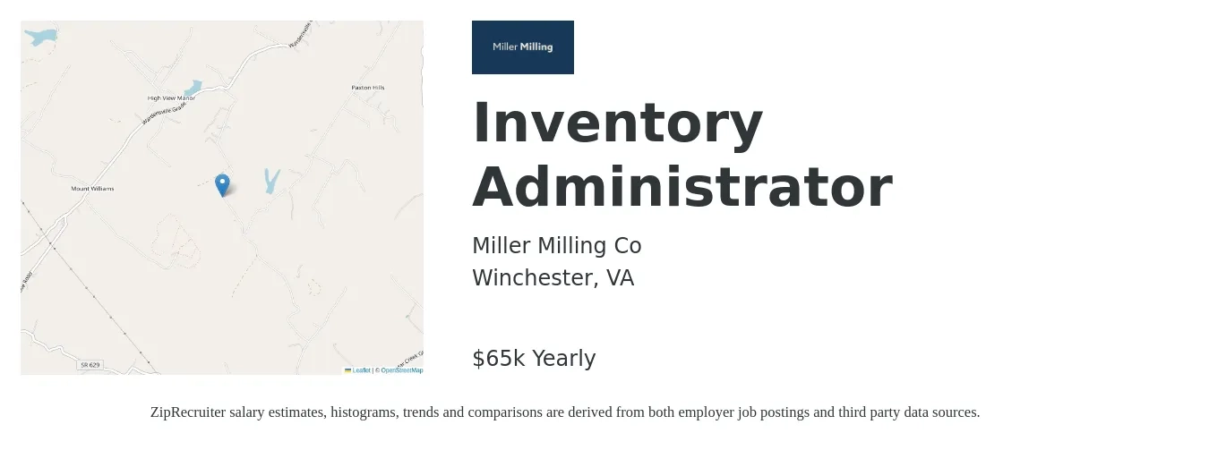 Miller Milling Co job posting for a Inventory Administrator in Winchester, VA with a salary of $65,000 Yearly with a map of Winchester location.