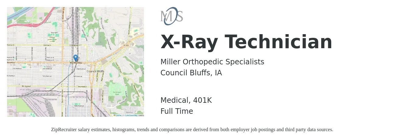 Miller Orthopedic Specialists job posting for a X-Ray Technician in Council Bluffs, IA with a salary of $1,690 to $2,430 Weekly and benefits including 401k, and medical with a map of Council Bluffs location.