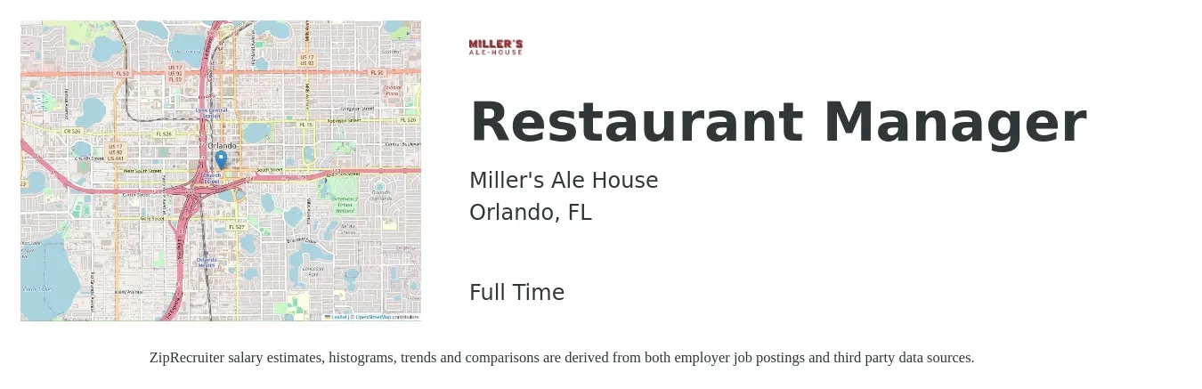 Miller's Ale House job posting for a Restaurant Manager in Orlando, FL with a salary of $41,100 to $58,000 Yearly with a map of Orlando location.