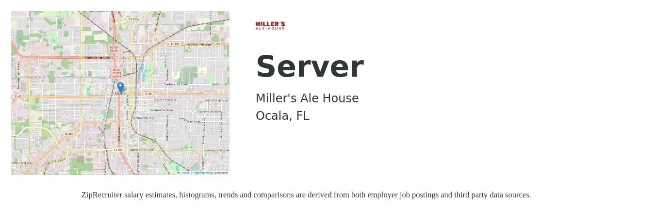 Miller's Ale House job posting for a Server in Ocala, FL with a salary of $10 to $17 Hourly with a map of Ocala location.
