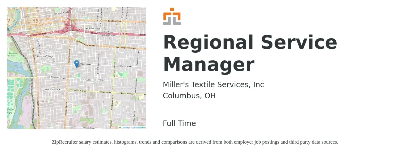 Miller's Textile Services, Inc job posting for a Regional Service Manager in Columbus, OH with a salary of $55,500 to $88,400 Yearly with a map of Columbus location.