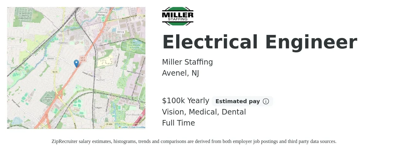 Miller Staffing job posting for a Electrical Engineer in Avenel, NJ with a salary of $100,000 Yearly and benefits including dental, medical, and vision with a map of Avenel location.