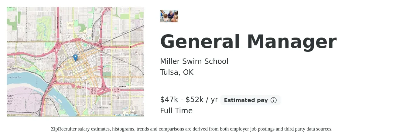 Miller Swim School job posting for a General Manager in Tulsa, OK with a salary of $47,000 to $52,000 Yearly with a map of Tulsa location.
