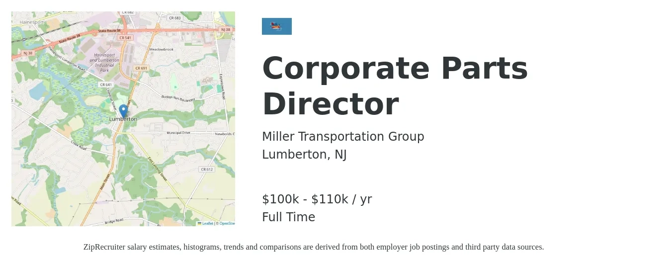Miller Transportation Group job posting for a Corporate Parts Director in Lumberton, NJ with a salary of $100,000 to $110,000 Yearly with a map of Lumberton location.