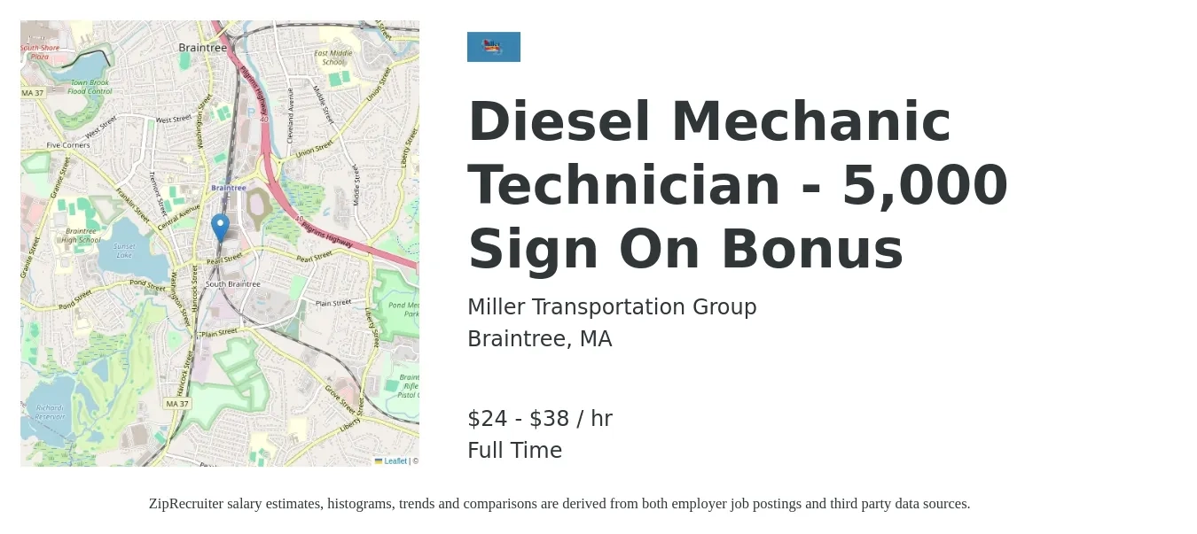 Miller Transportation Group job posting for a Diesel Mechanic Technician - 5,000 Sign On Bonus in Braintree, MA with a salary of $25 to $40 Hourly with a map of Braintree location.