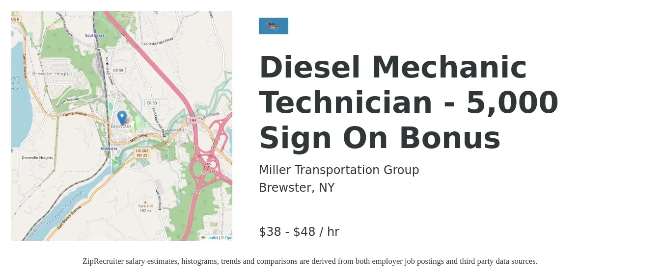 Miller Transportation Group job posting for a Diesel Mechanic Technician - 5,000 Sign On Bonus in Brewster, NY with a salary of $40 to $50 Hourly with a map of Brewster location.