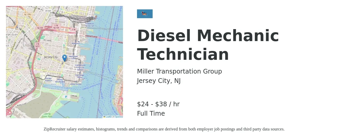 Miller Transportation Group job posting for a Diesel Mechanic Technician in Jersey City, NJ with a salary of $25 to $40 Hourly with a map of Jersey City location.