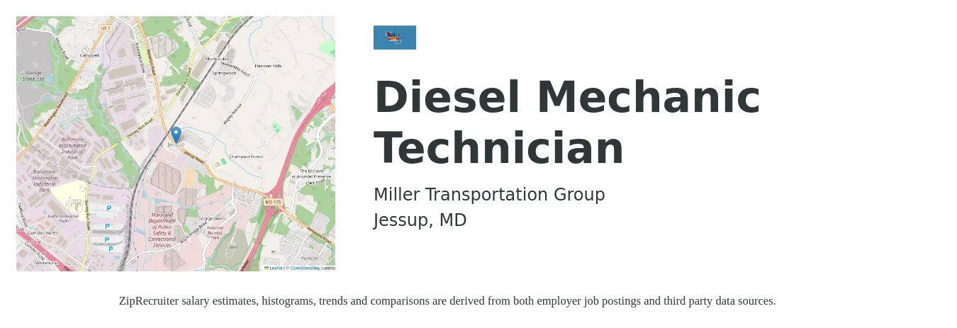 Miller Transportation Group job posting for a Diesel Mechanic Technician in Jessup, MD with a salary of $25 to $36 Hourly with a map of Jessup location.