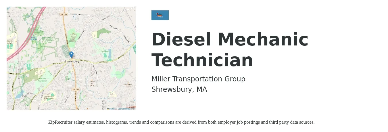 Miller Transportation Group job posting for a Diesel Mechanic Technician in Shrewsbury, MA with a salary of $25 to $36 Hourly with a map of Shrewsbury location.
