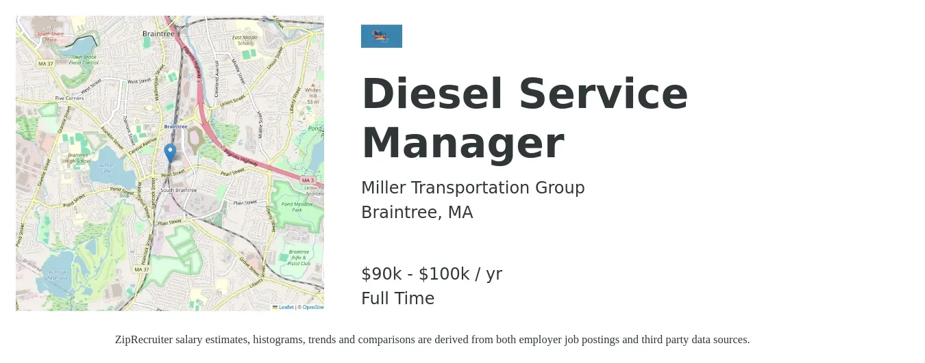 Miller Transportation Group job posting for a Diesel Service Manager in Braintree, MA with a salary of $90,000 to $100,000 Yearly with a map of Braintree location.