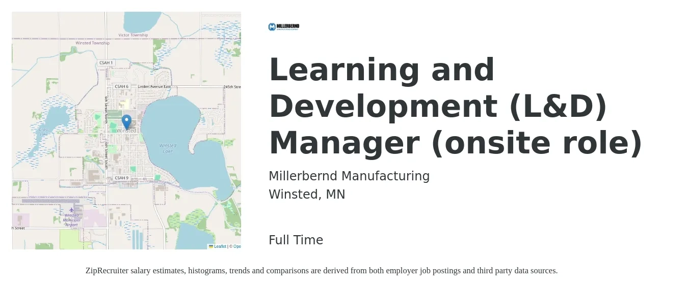 Millerbernd Manufacturing job posting for a Learning and Development (L&D) Manager (onsite role) in Winsted, MN with a salary of $93,400 to $129,200 Yearly with a map of Winsted location.
