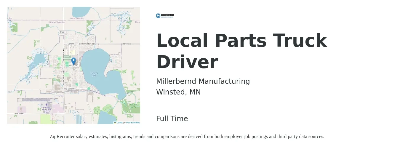 Millerbernd Manufacturing job posting for a Local Parts Truck Driver in Winsted, MN with a salary of $18 to $22 Hourly with a map of Winsted location.