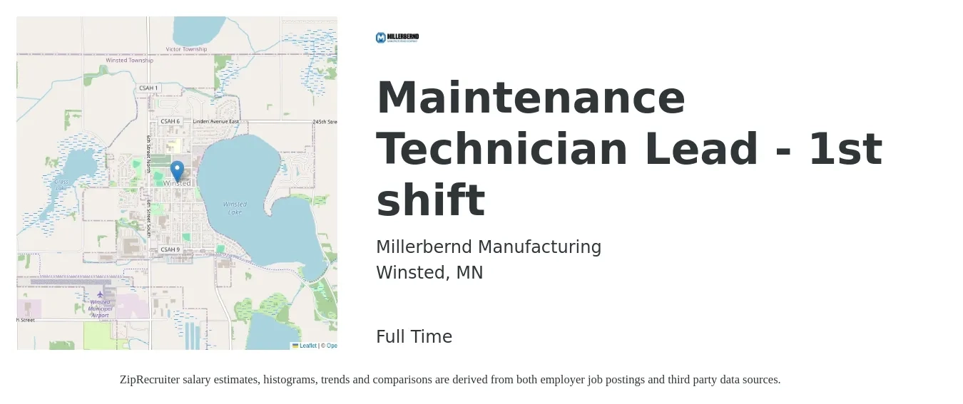 Millerbernd Manufacturing job posting for a Maintenance Technician Lead - 1st shift in Winsted, MN with a salary of $25 to $35 Hourly with a map of Winsted location.