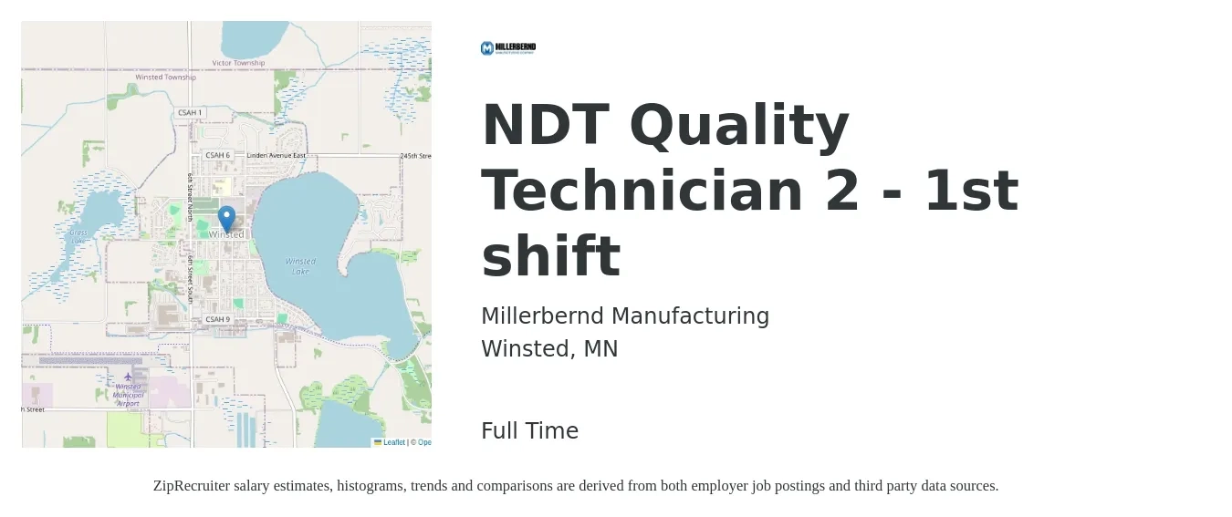 Millerbernd Manufacturing job posting for a NDT Quality Technician 2 - 1st shift in Winsted, MN with a salary of $20 to $27 Hourly with a map of Winsted location.