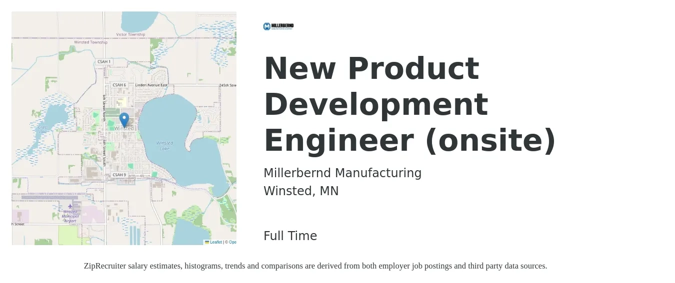 Millerbernd Manufacturing job posting for a New Product Development Engineer (onsite) in Winsted, MN with a salary of $80,500 to $111,800 Yearly with a map of Winsted location.