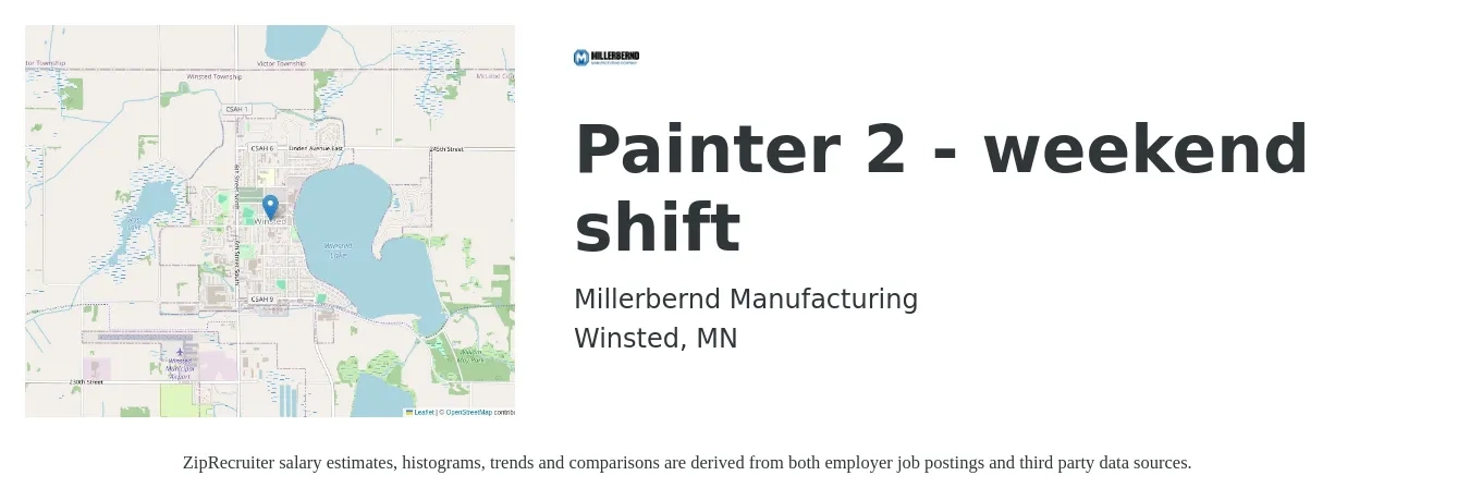 Millerbernd Manufacturing job posting for a Painter 2 - weekend shift in Winsted, MN with a salary of $22 to $26 Hourly with a map of Winsted location.