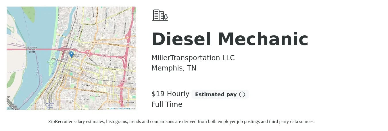 MillerTransportation LLC job posting for a Diesel Mechanic in Memphis, TN with a salary of $20 Hourly with a map of Memphis location.
