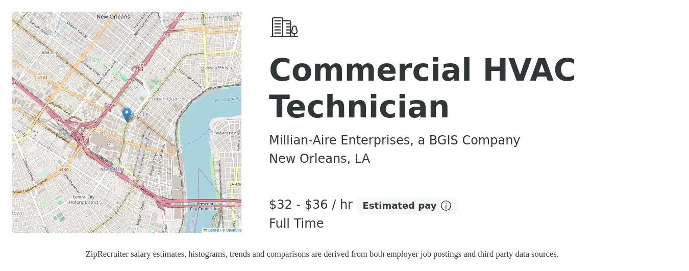 Millian-Aire Enterprises, a BGIS Company job posting for a Commercial HVAC Technician in New Orleans, LA with a salary of $34 to $38 Hourly with a map of New Orleans location.