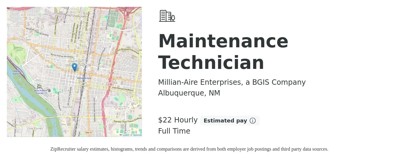 Millian-Aire Enterprises, a BGIS Company job posting for a Maintenance Technician in Albuquerque, NM with a salary of $24 Hourly with a map of Albuquerque location.